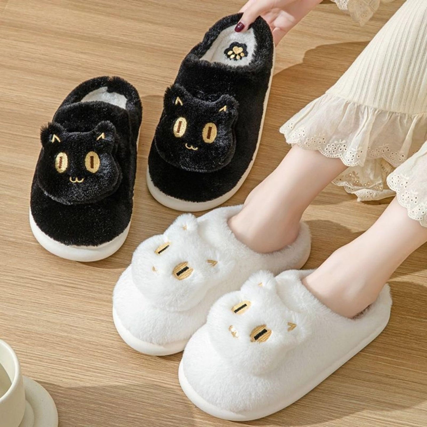 Cotton Cat Slippers Soft Plush Comfy Warm Couple Slip-On House Cute Cat Face Slippers For Winte