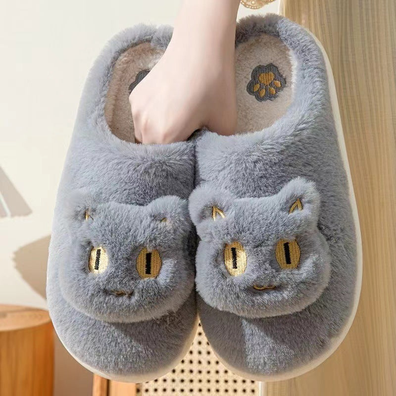 Cotton Cat Slippers Soft Plush Comfy Warm Couple Slip-On House Cute Cat Face Slippers For Winte